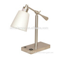 UL CE stainless steel power outlet desk lamp with glass lamp shade for hotel guest room or study room